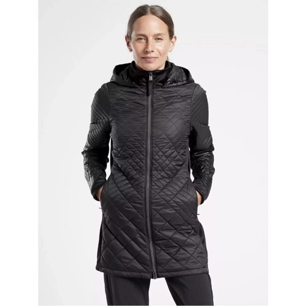 Athleta Bayview Quilted Black Hooded Long Jacket Medium